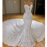 Long Mermaid Spaghetti Straps Appliques Lace Wedding Dresses With Cathedral Train
